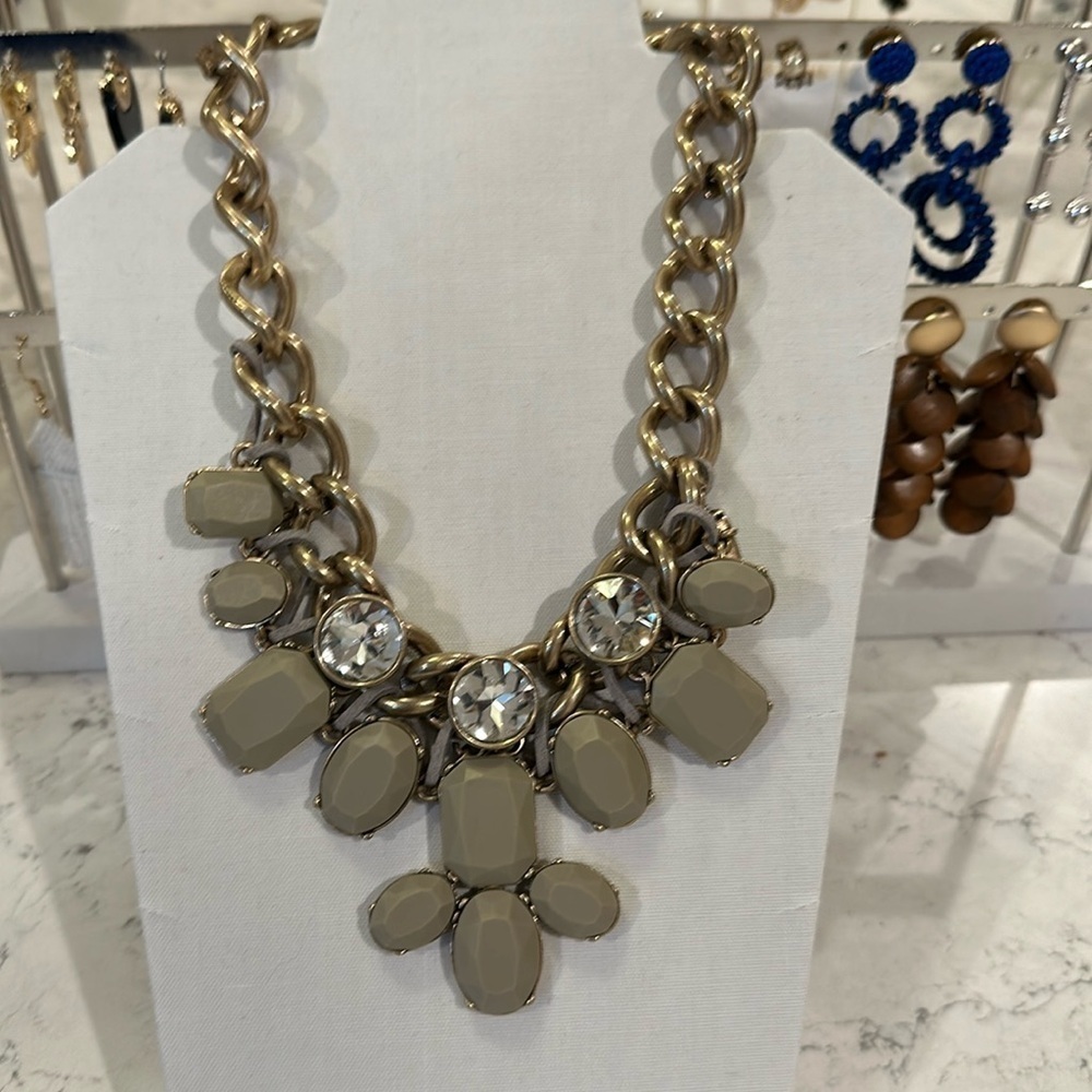 Banana Republic chunky gold tone with taupe and crystal stones necklace